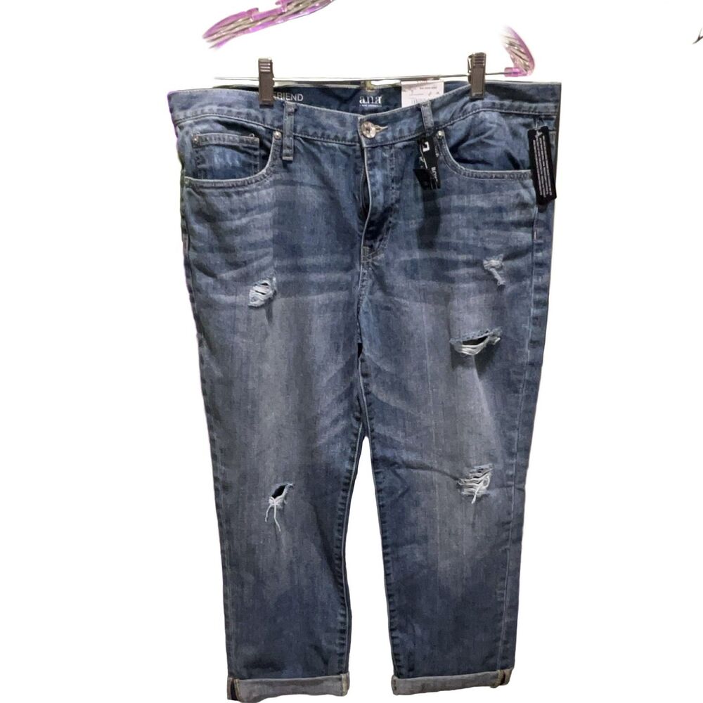 a.n.a Boyfriend Distressed Jeans Women's Blue Size 14 Light Wash Cuffed Hem